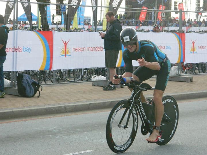 Rob mounting the bike at T1 in Nelson Mandela Bay
